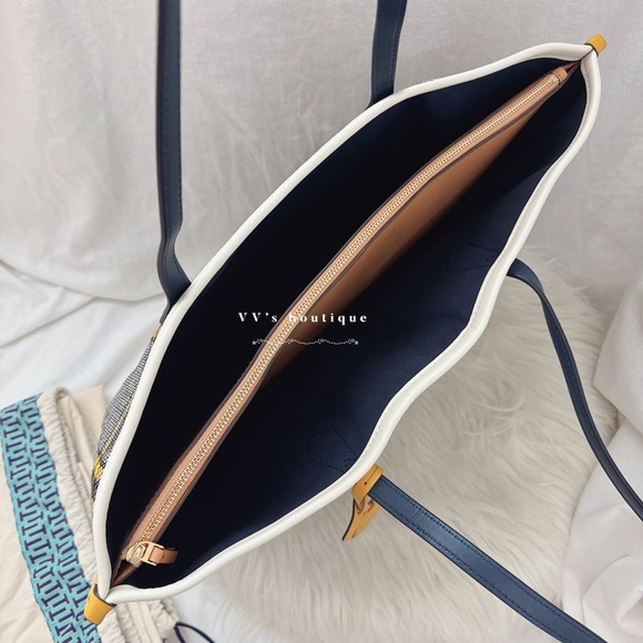 NWT Tory Burch Perry Wool Plaid Triple Compartment Tote Bag Yellow Navy 75551 - Picture 4 of 7